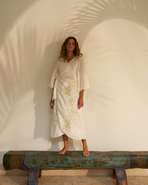 Frida Linen Embroidered Dress / White