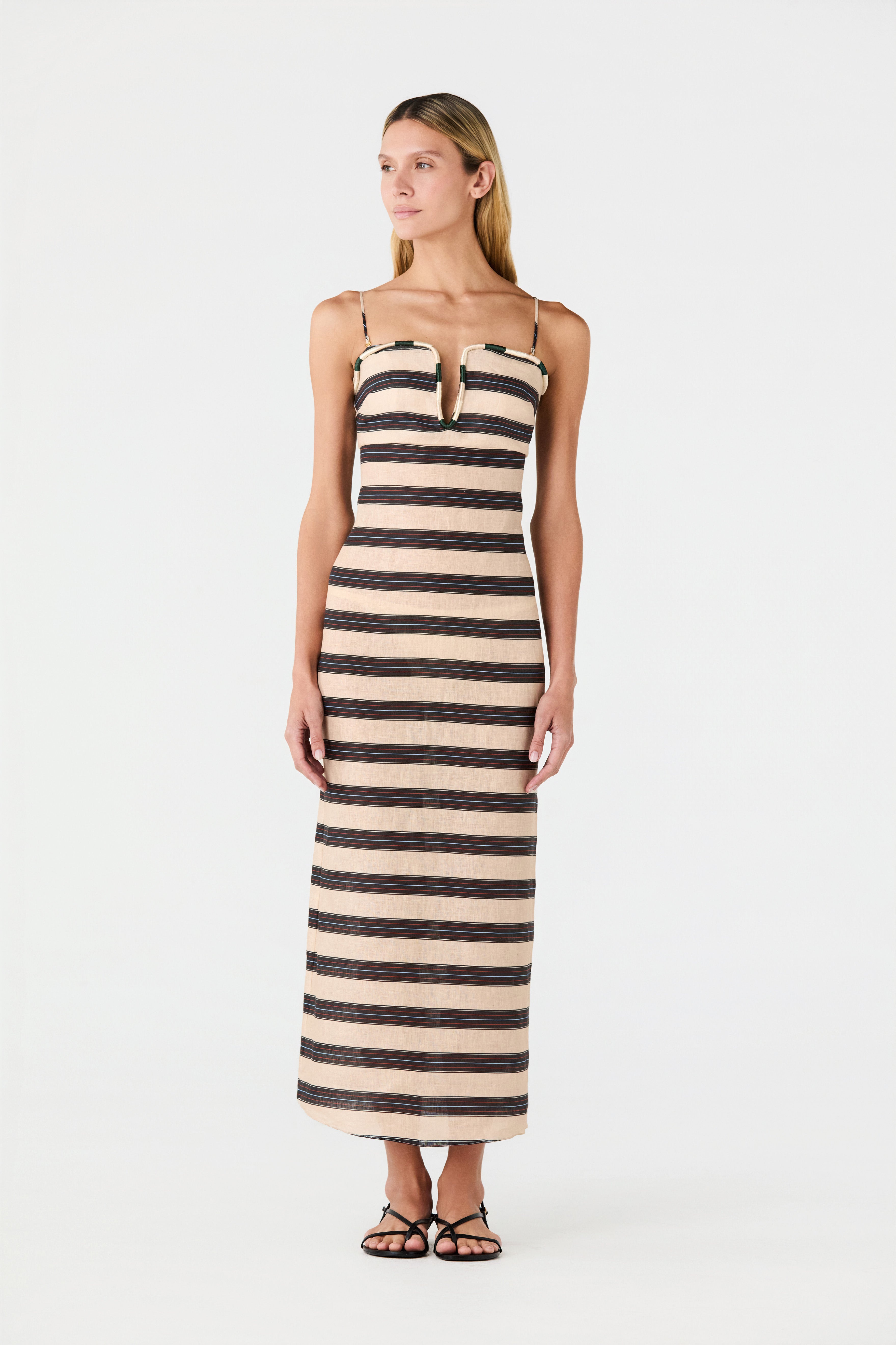 Juan de Dios Navy Stripes Antonia Linen Midi Dress Navy / XS