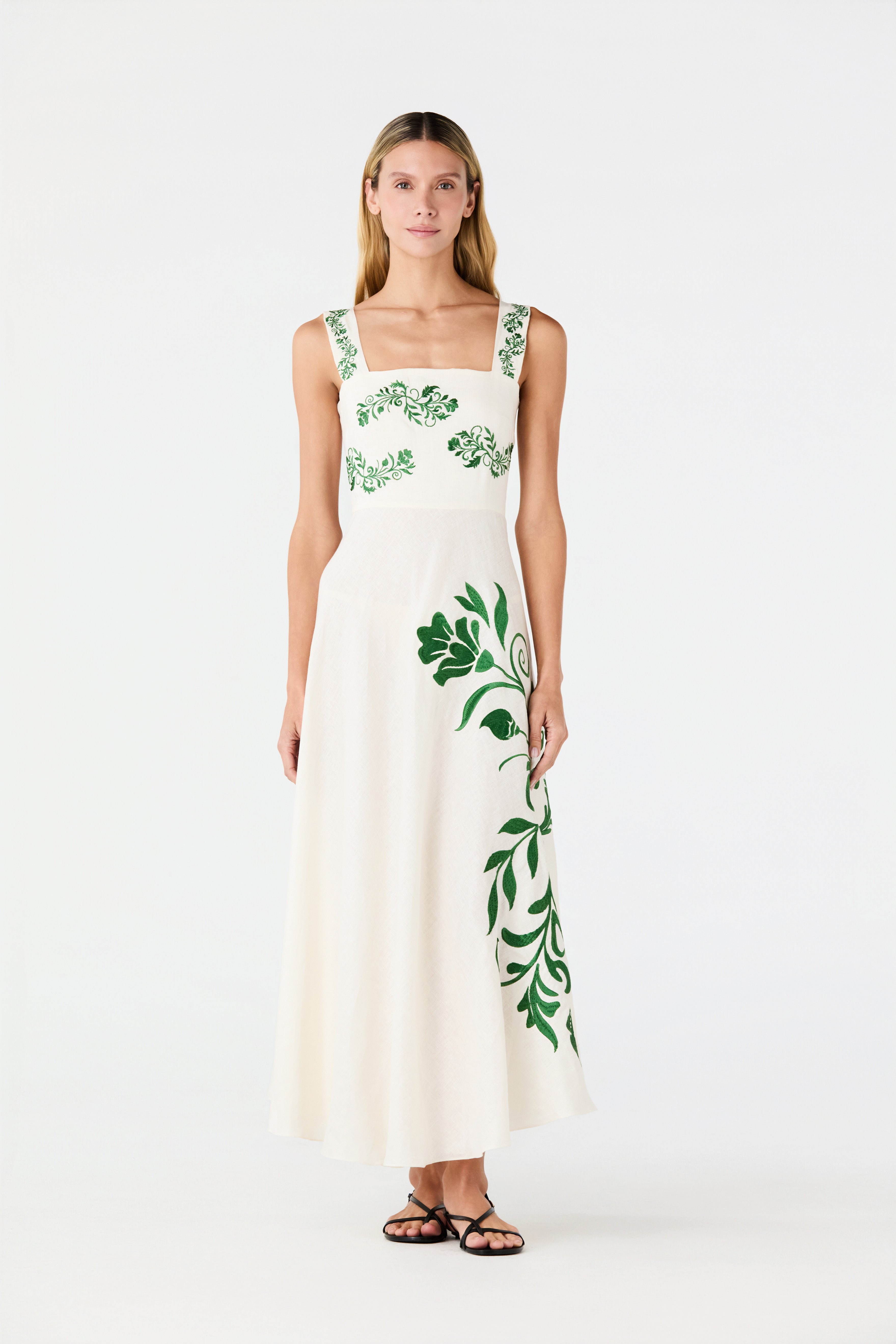 embroidered linen midi dress Contrast Embroidered Trim Linen Midi Dress-ECRU